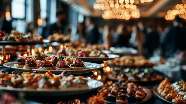 an anonymous crowd of people mingling at a well-lit corporate networking event	
