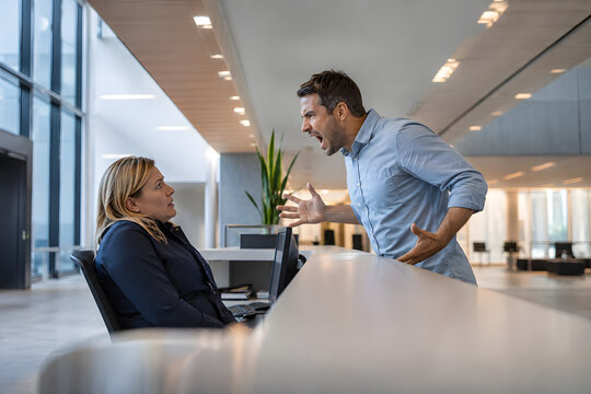 Angry customer shouting at a public service employee across a reception counter, capturing workplace aggression, verbal conflict and frontline worker safety in a modern office.