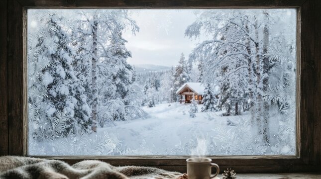 Cabin visible through frosted window in snowy forest scene
