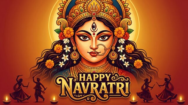 Illustration of a goddess with ornate headdress and floral embellishments features a warm orange background divinity deity hinduism navratri durga shakti embellishment decoration