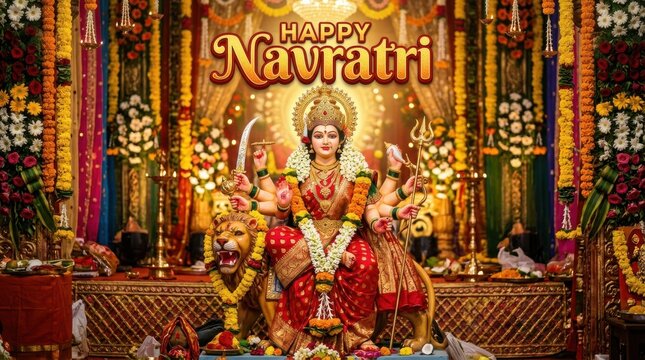 A sculpted depiction of goddess durga seated on a lion is showcased during navratri celebrations hinduism deity sculpture statue mythology religion festival celebration