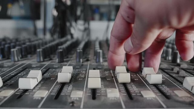 Sound Engineer Adjusting Faders on Audio Mixing Console in Recording Studio Close Up