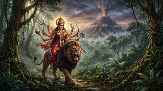 Goddess durga riding a lion amidst a lush jungle landscape with a volcanic mountain volcano hinduism mythology divinity deity sacred forest tropical vegetation