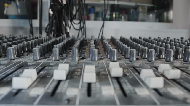 Sound Engineer Hand Adjusting Knobs on Audio Mixing Console in Studio