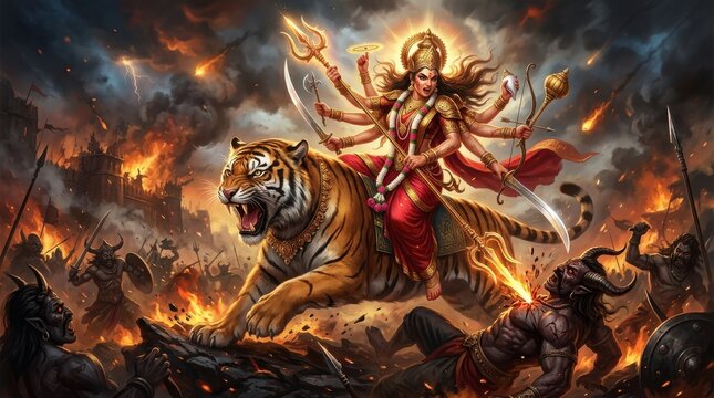 Goddess durga riding a tiger amidst a fiery battle scene depicts hindu mythology hinduism warfare deity divine warrior strength power courage valor ferocity