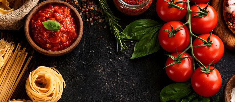 Copy the image of lasagna ingredients &ndash; tomatoes, sauce, pasta &ndash; to a dark background, taken from above with sufficient space for your text.