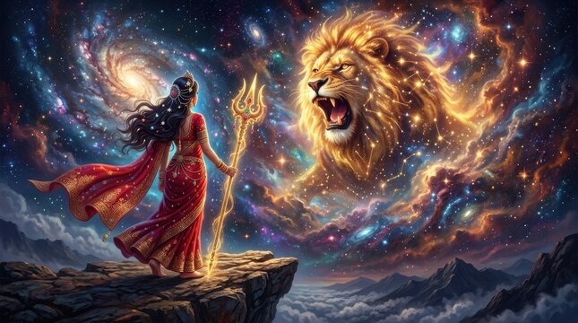 A woman holding a trident stands before a roaring lion amidst a cosmic galactic backdrop female figure mane roar spear goddess deity mythology