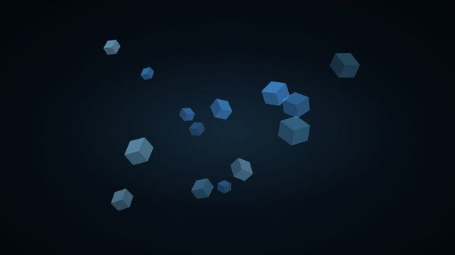 Abstract blue 3D cubes floating in dark space. Minimalist geometric block animation. Futuristic digital data particles background.