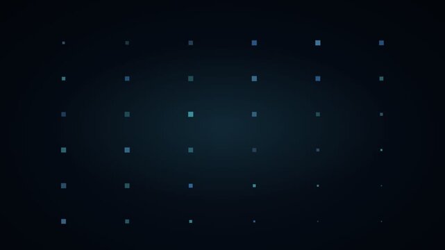 Abstract digital grid background, glowing blue square particles on dark backdrop, futuristic technology data visualization loop