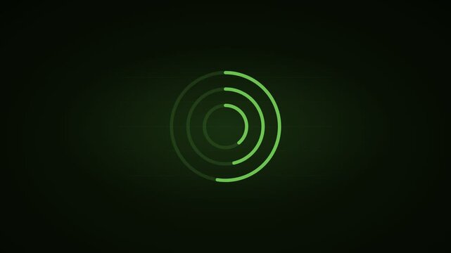 Futuristic green loading animation, digital circular progress bar on dark background, high tech data processing interface