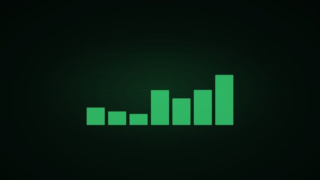 Green digital audio equalizer bars, glowing sound frequency visualizer on black background, electronic music signal display