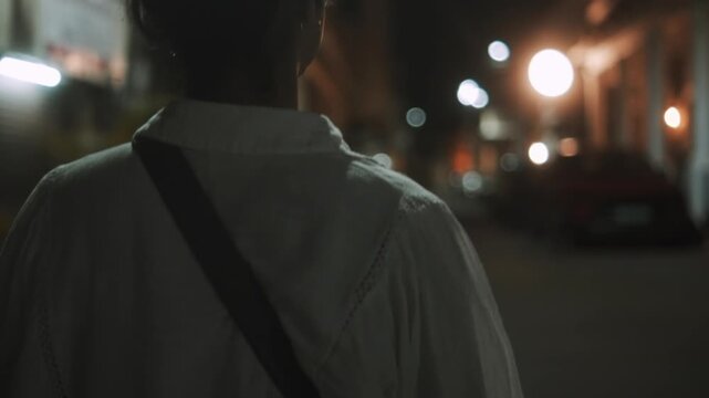 A young woman walks away down a city street lit by warm bokeh lights at night