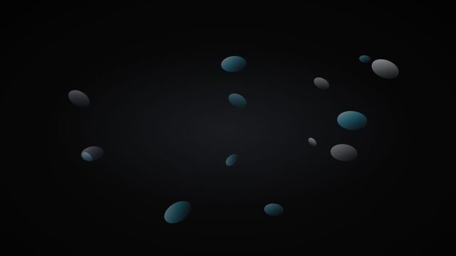 Abstract floating spheres on black background, 3D blue and grey round particles, cinematic motion graphics for tech presentations