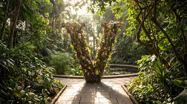 Large floral letter V in lush garden peaceful atmosphere joyful mood botanical display foliage structure floral arrangement nature