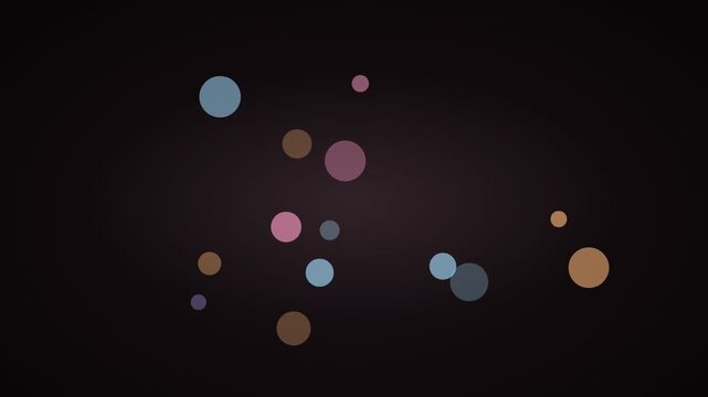 Minimalist bokeh animation with floating pastel circles. Soft geometric motion graphics on dark background. Elegant abstract particle loop.