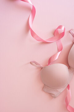 Pink bra with satin ribbon on vertical soft pink background for Breast Cancer Awareness month and support campaign