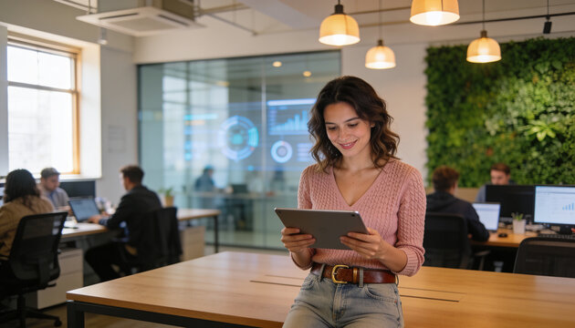 Young businesswoman holding digital tablet, modern tech office workplace, smiling female entrepreneur browsing data, team working in coworking space, successful corporate employee checking reports.