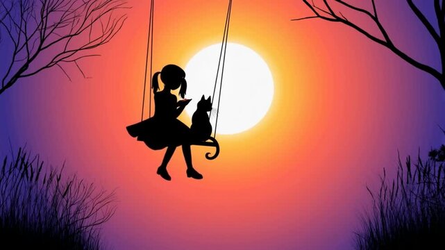 A silhouette of a girl reading a book with a cat on a swing against a large sunset sky and grass.