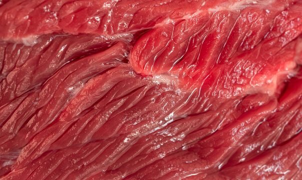 Raw beef steak macro pattern, red meat slice closeup