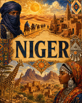 Niger Travel Poster with Sahara Desert, Camel Caravan and Sahel Culture