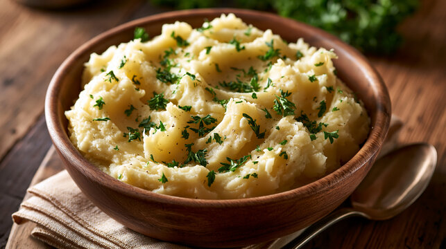 Creamy mashed potatoes in a rustic wooden bowl with fresh herbs. Perfect for comfort food recipes and holiday dining.