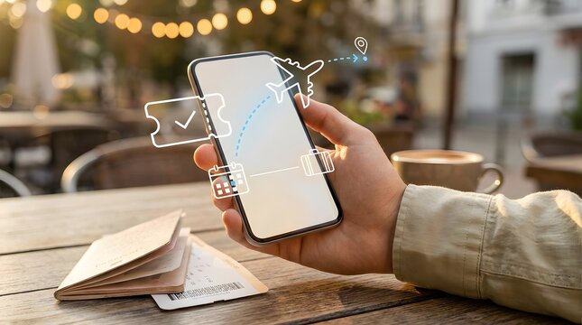 Traveler using smartphone for digital flight booking and boarding pass with augmented reality icons at outdoor cafe check in booking app travel tech smartphone