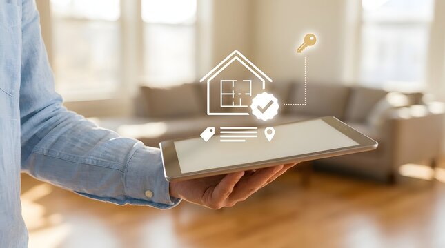 Real estate agent holding digital tablet with home buying and mortgage application ar graphics in modern living room smart home augmented reality mortgage