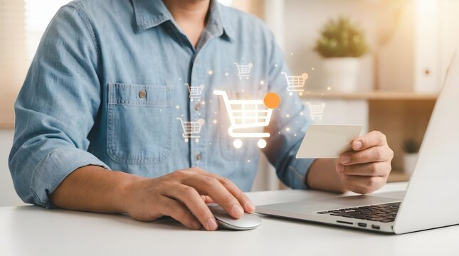 Man using laptop and credit card for secure online shopping experience with virtual cart checkout icon e commerce shopping ecommerce purchase consumer