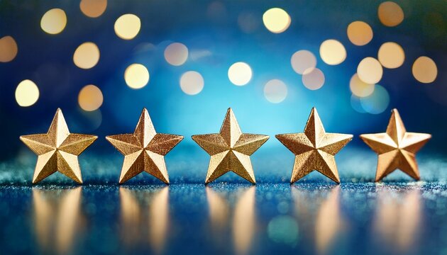 five gold stars in a row on a blue bokeh background symbolizing excellence and customer satisfaction