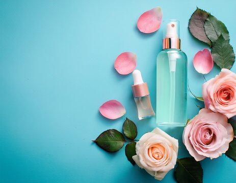 ultimate skin care idea a top view flat lay of a cosmetics spray bottle and serum bottle with rose petals on a pastel blue background leaving room for text