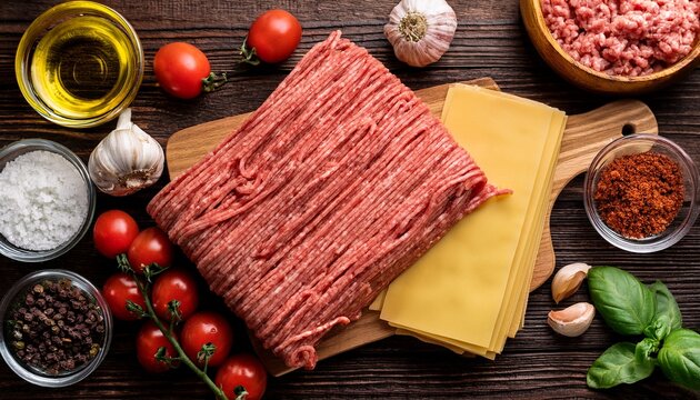 raw ground meat lasagna ingredients preparation on textured wooden surface with ingredients preparation culinary homemade delicious