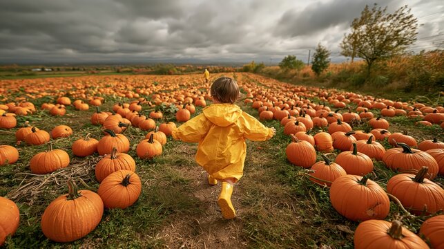 Little child in yellow raincoat running through a vast pumpkin patch field