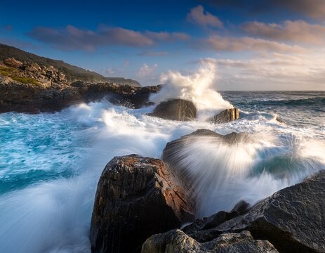 dynamic ocean waves crashing over rocks in turbulent waters
