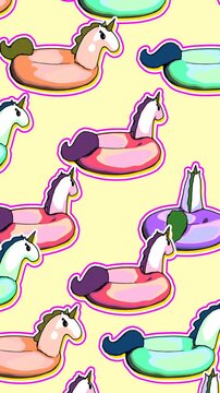 Seamless funny vertical video of sketch unicorn inflatable rings on a colorful background.Zine culture comic video loop. summer cartoon concept backdrop.