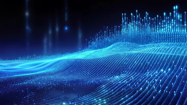 Abstract blue neural network wave representing artificial intelligence and big data processing. Panning shot of glowing digital landscape.