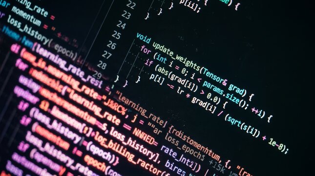 Close-up of source code displaying functions and variables with colorful syntax highlighting on a dark screen.