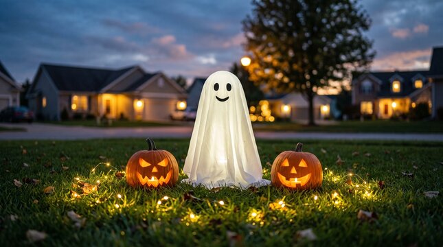 A glowing ghost decoration and carved pumpkins adorn a suburban yard at dusk, creating a whimsical and festive Halloween scene with illuminated houses and a twilight sky in the background.