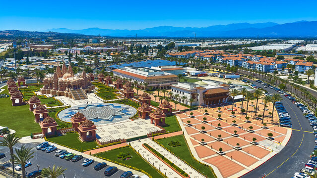Aerial BAPS Shri Swaminarayan Mandir Indian Temple and Courtyard San Bernardino