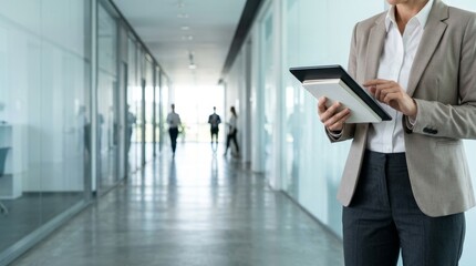 Fototapeta premium A person in a suit uses a tablet in a bright, modern office hallway.