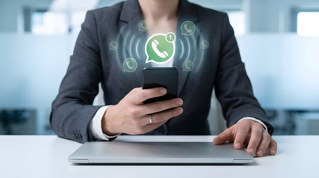 Professional holding smartphone with digital incoming message notification