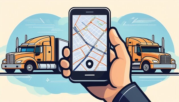 hand holding smartphone displaying gps tracking app with semi trucks in background