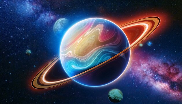 close up of vibrant colorful planet with glowing rings floating in deep space cosmic astrophotography