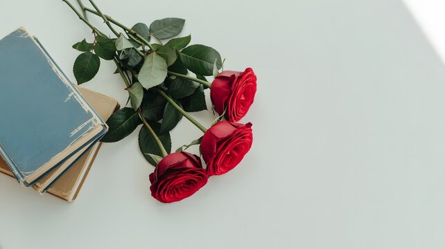 A beautiful bouquet of red roses lying next to an old vintage book on a white background