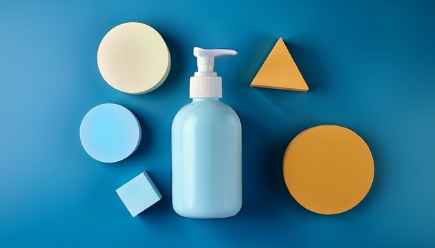 pump bottle for skincare or antiseptic products displayed among geometric shapes on a blue background