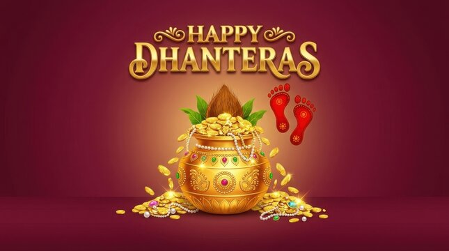 Golden pot overflowing with coins and jewelry depicts a dhanteras celebration festival prosperity wealth gold necklace bracelets ornament vessel abundance traditional indian hindu