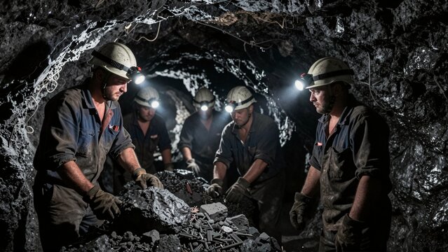 A group of hardworking coal miners working underground in a dark mine tunnel with headlamps illuminating the scene