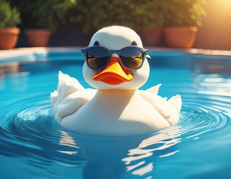 a white rubber duck with sunglasses and a hat floats in a sparkling blue swimming pool