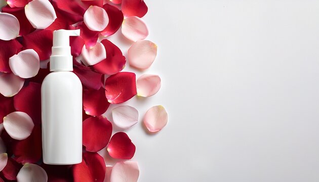 a white spray bottle surrounded by rose petals on a white background flat lay top view