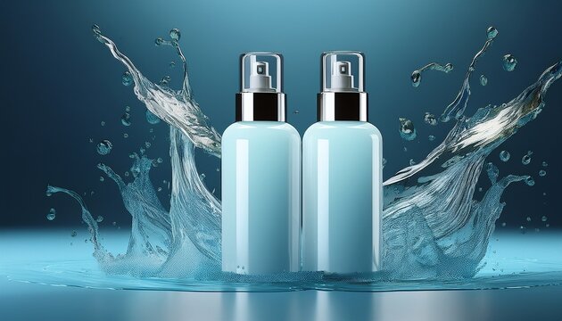 skin care toner and lotion bottles with water splash 3d mockup banner