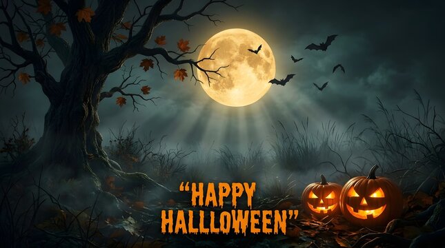 Spooky Halloween background with full moon, spooky tree, and glowing pumpkins